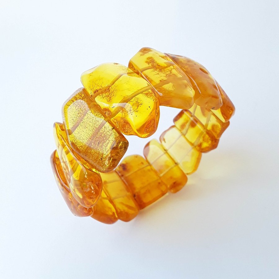 Yellow Baltic amber gemstone bracelet Classic wide stretchy flat bead bracelet