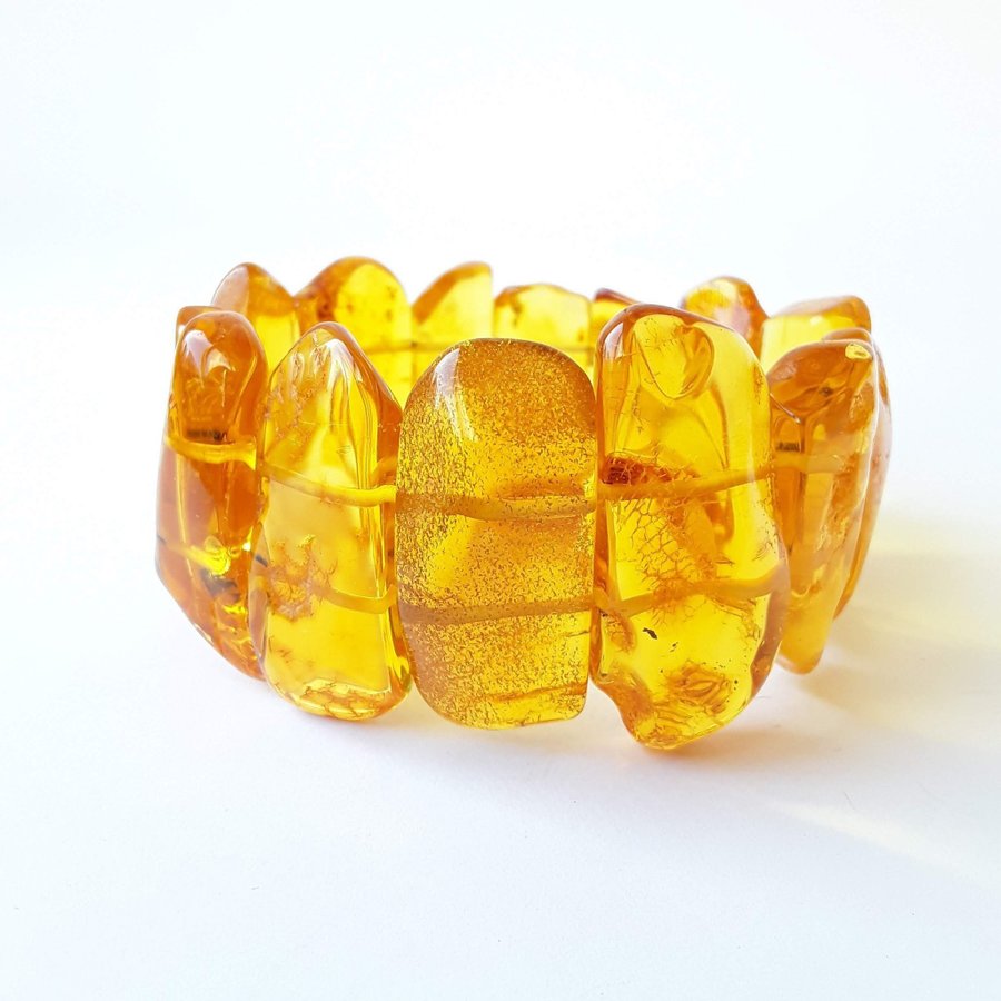 Yellow Baltic amber gemstone bracelet Classic wide stretchy flat bead bracelet