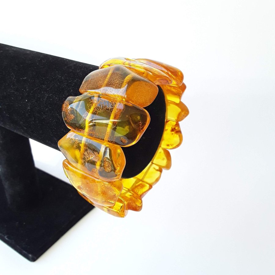 Yellow Baltic amber gemstone bracelet Classic wide stretchy flat bead bracelet