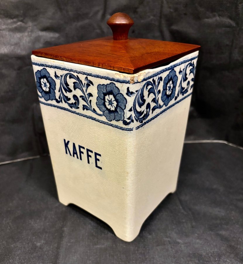 Antik, Speceriburk, Kaffe, Gefle, Säter, Teak Lock, Blåvitt Flintgods, Spicejars