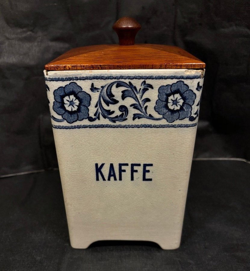 Antik, Speceriburk, Kaffe, Gefle, Säter, Teak Lock, Blåvitt Flintgods, Spicejars