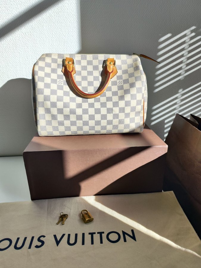 Louis Vuitton Speedy 30 Damier Azur i toppskick med tillbehör