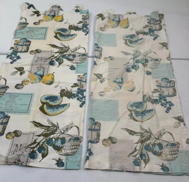 vintage kitchen curtain pair blue floral feedsack cotton mcm retro