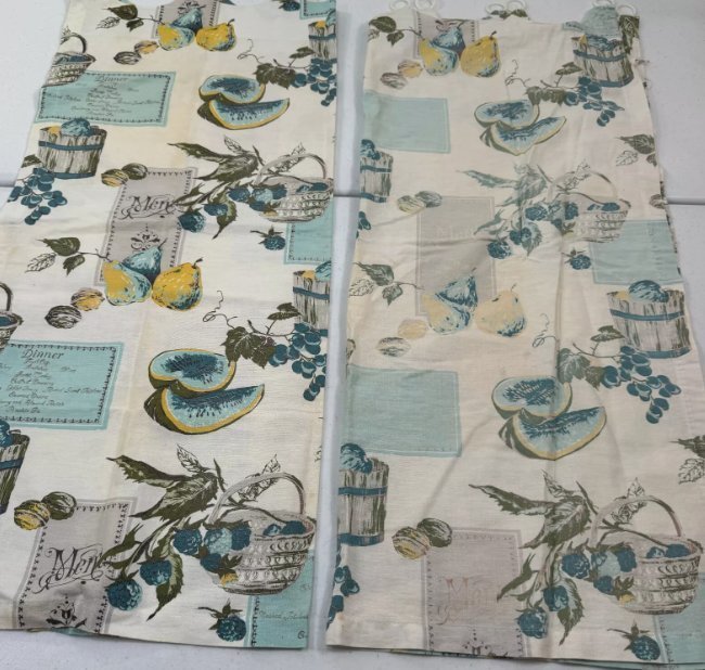 vintage kitchen curtain pair blue floral feedsack cotton mcm retro