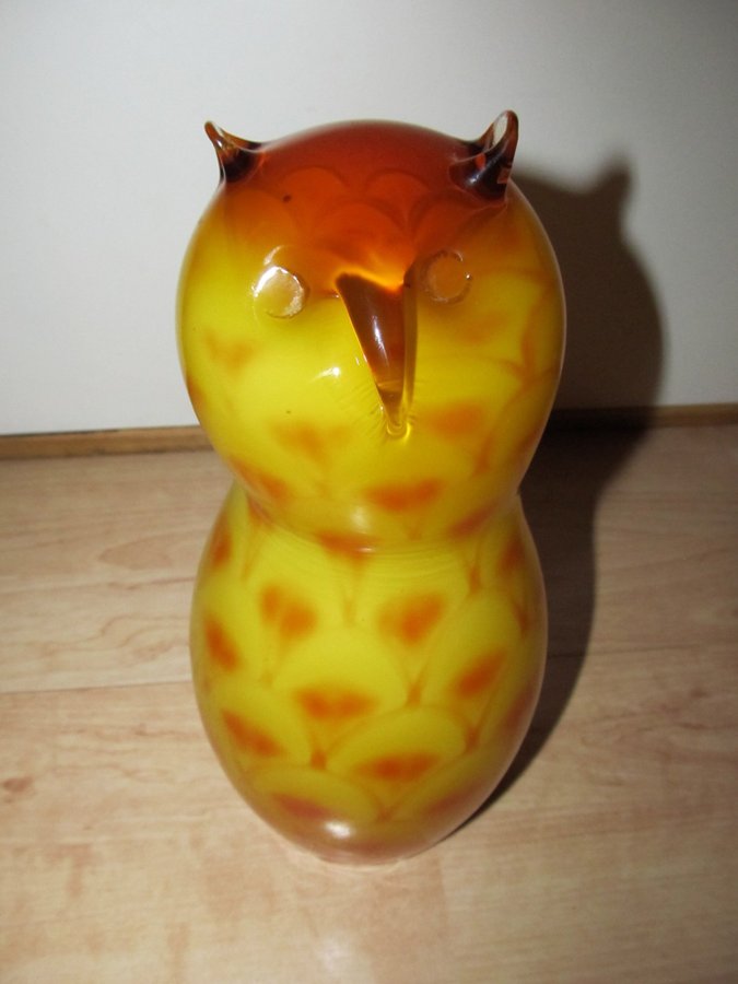 ELME Peacock Stor Ovanlig Samlar Uggla Retro Glas Figurin Gul Orange 70tal Fågel