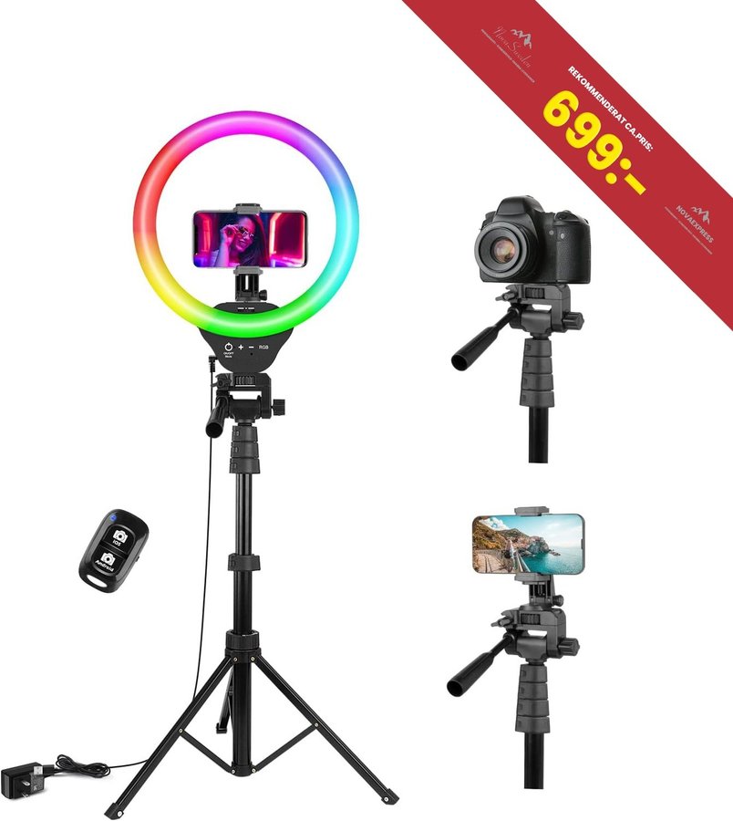 NY 170cm/12 tums ringlampa tripod | Fjärrslutare | 3 färger och 35 RGB