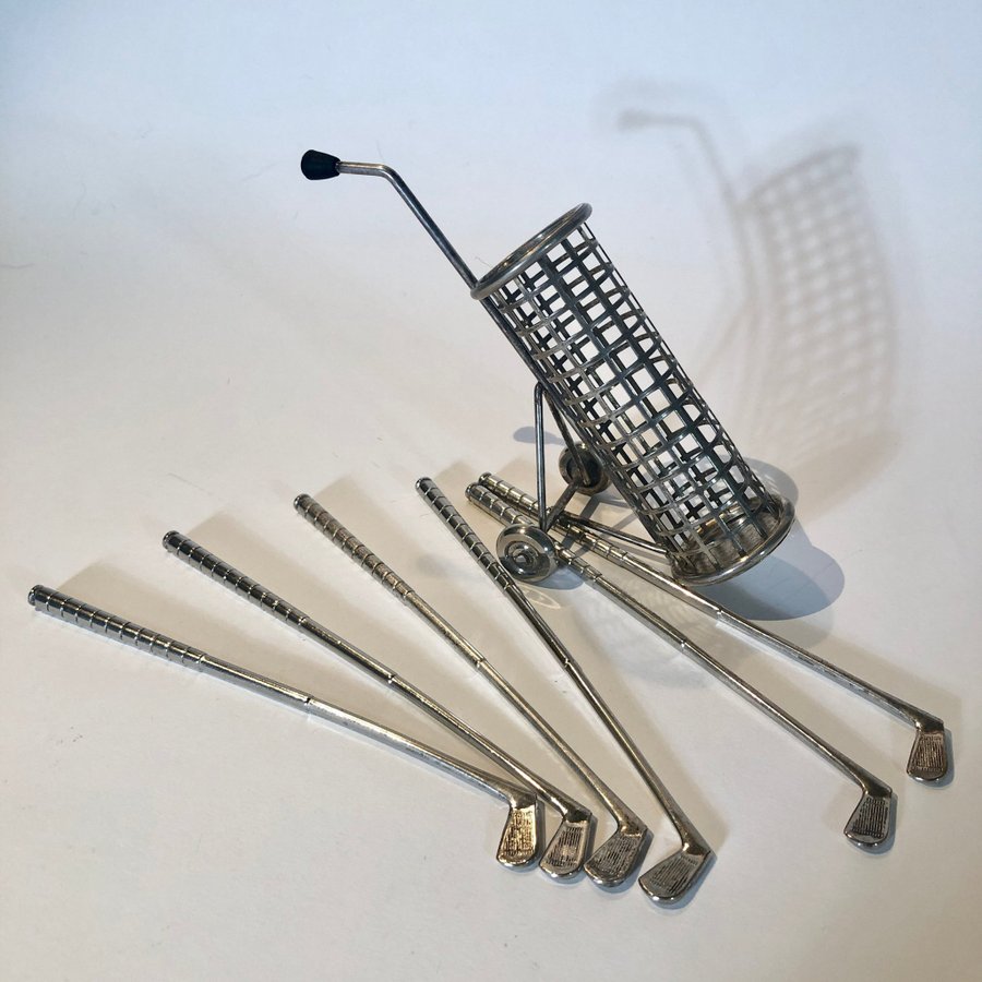 Vintage Drinkpinnar silver plät. golfklubbor  golfvagn Golf Swizzle Sticks