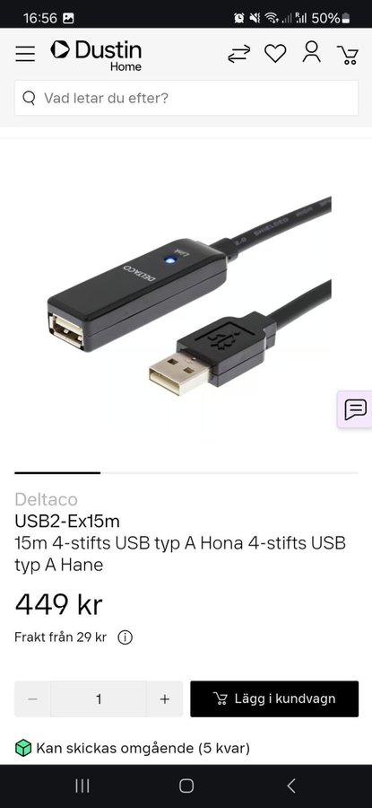 USB2-Ex15m 15m 4-stifts USB typ A Hona 4-stifts USB typ A Hane