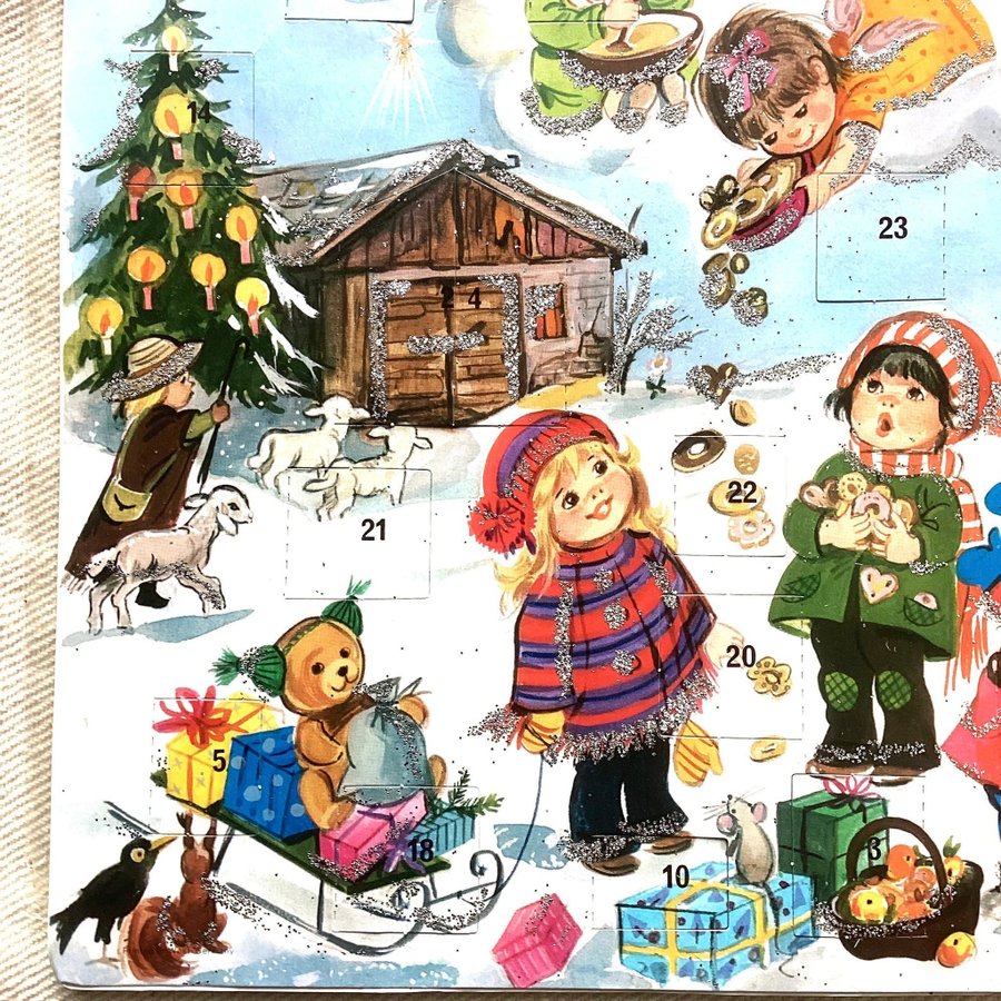 Retro Julkalender m Glitter Änglar  Söta Barn Adventskalender Oöppnad.