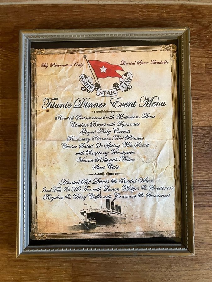 Vacker retro tavla, (Titanic 1912 Dinner Event Menu 1:a Klass)