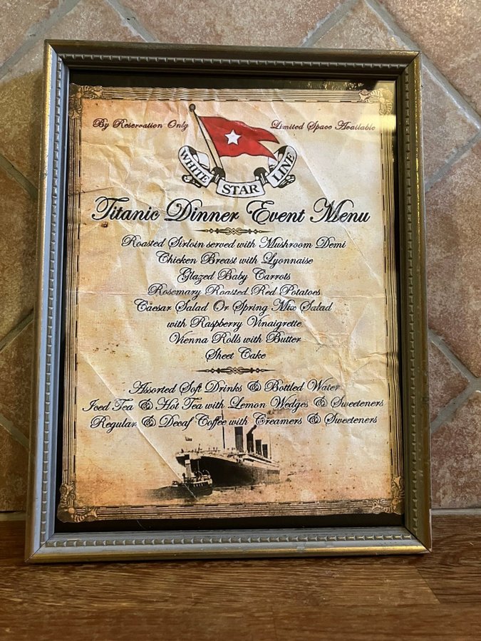 Vacker retro tavla, (Titanic 1912 Dinner Event Menu 1:a Klass)