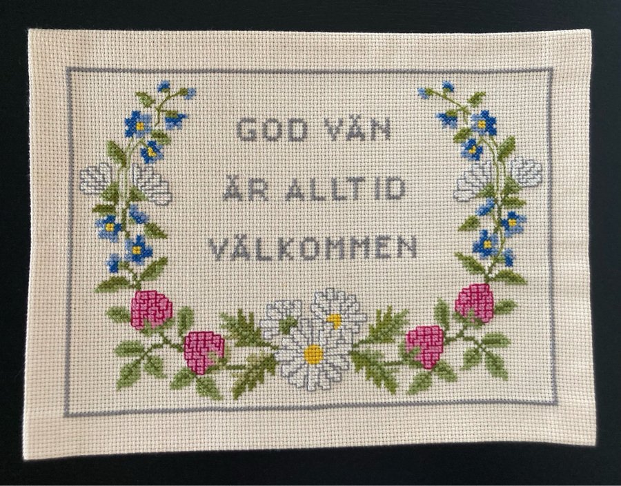 Handbroderad bonad - God vän är alltid välkommen