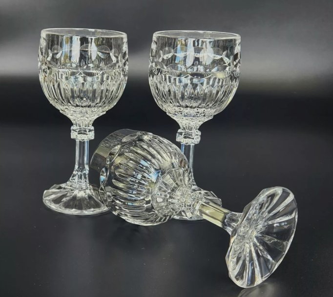 Vintage - Set of 3 - Stunning Cut-Crystal Wine Glasses - 6" Tall