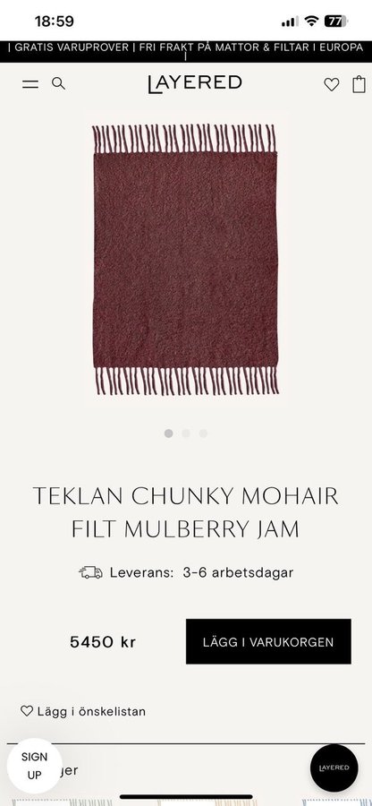 Helt nyoanvänd! Teklan Chunky Mohair Filt Mulberry Jam