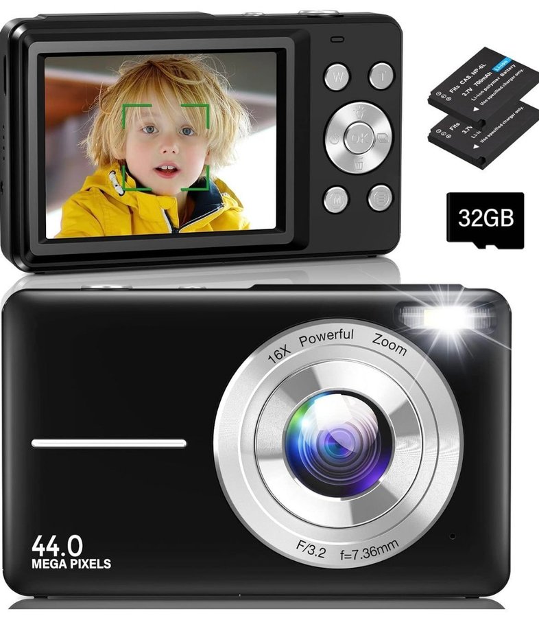 Digitalkamera, fotokamera Kompaktkamera med 32 GB-kort 44 MP-kamera 1080P HD-vlo