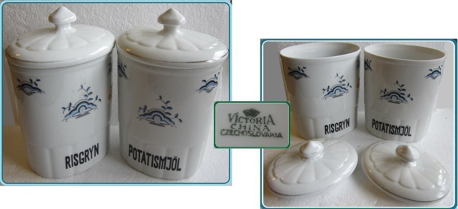 2pc."Victoria" China Czech. Blue Checked Flour Canister "RISGRYN"+"POTATISMJÖL"