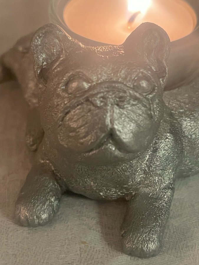 NY Ljuslykta UNIK fransk bulldog hund handgjord silver julklapp design inredning