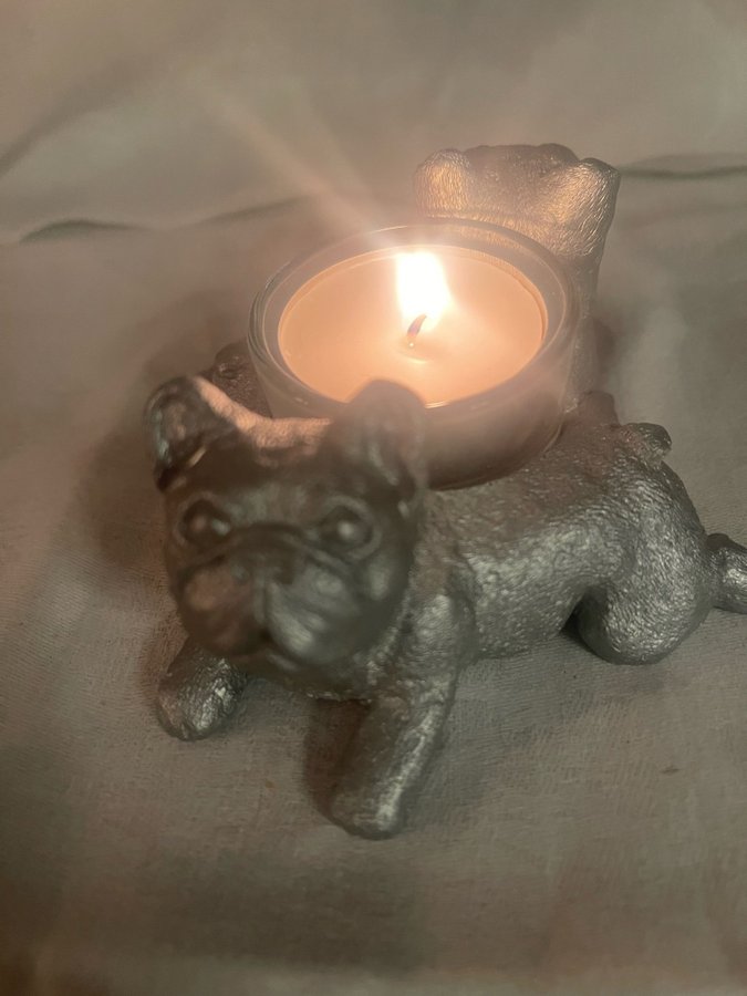 NY Ljuslykta UNIK fransk bulldog hund handgjord silver julklapp design inredning