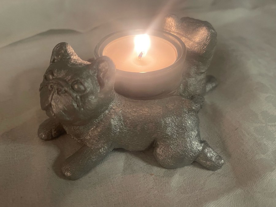 NY Ljuslykta UNIK fransk bulldog hund handgjord silver julklapp design inredning