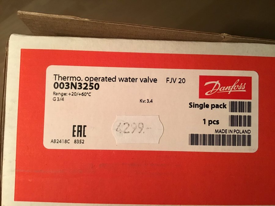 Returbegränsningsventil Danfoss FJV 20 - Thermo operated water valve FJV 20