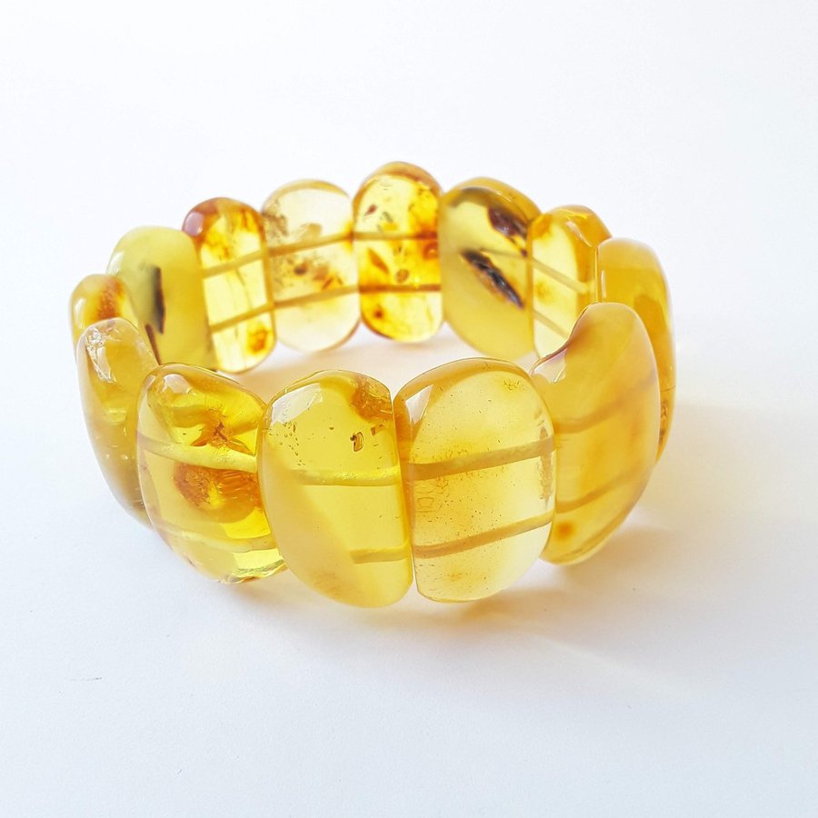 Yellow Baltic amber gemstone bracelet Classic wide stretchy flat bead bracelet