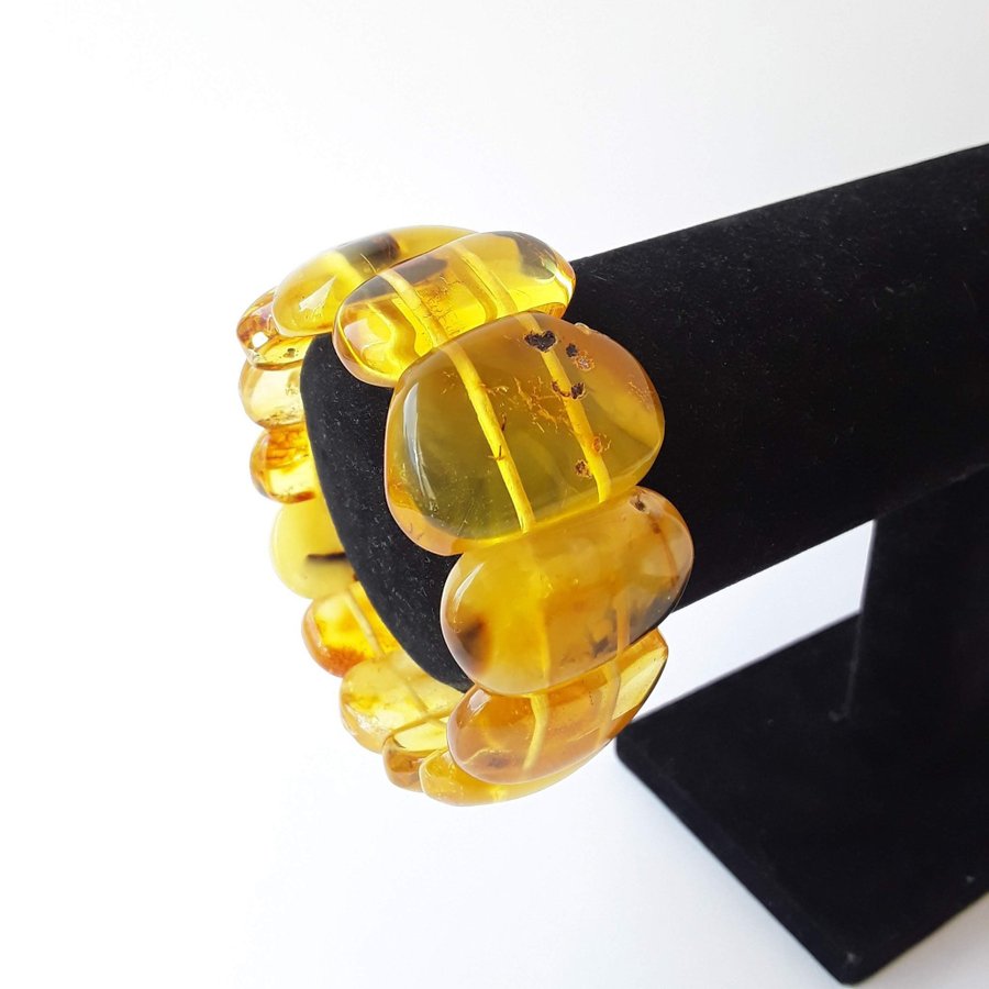 Yellow Baltic amber gemstone bracelet Classic wide stretchy flat bead bracelet