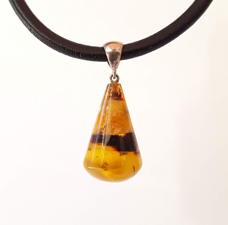 Baltic amber mosaic 925 sterling silver pendant on black natural leather cord