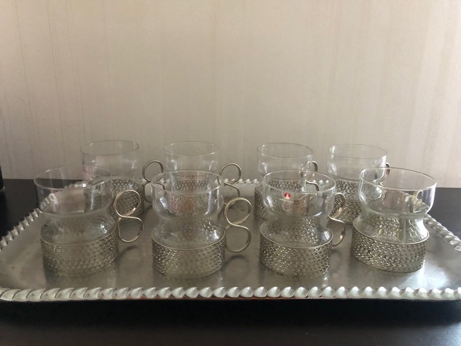 8 st Glöggmuggar, temugg Iittala, glas, metall, Timo Sarpaneva