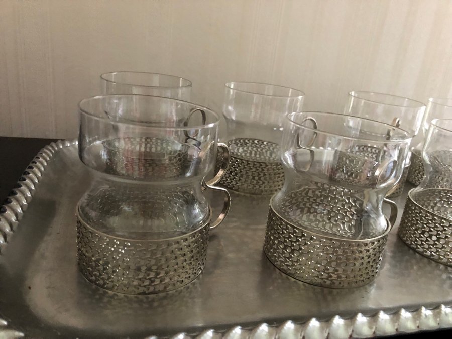 8 st Glöggmuggar, temugg Iittala, glas, metall, Timo Sarpaneva