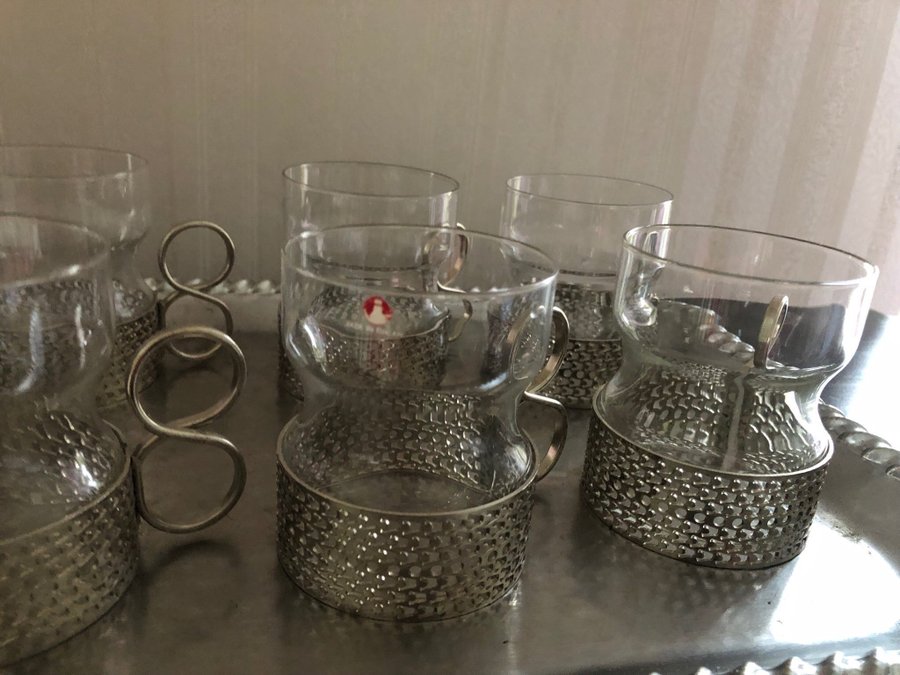 8 st Glöggmuggar, temugg Iittala, glas, metall, Timo Sarpaneva