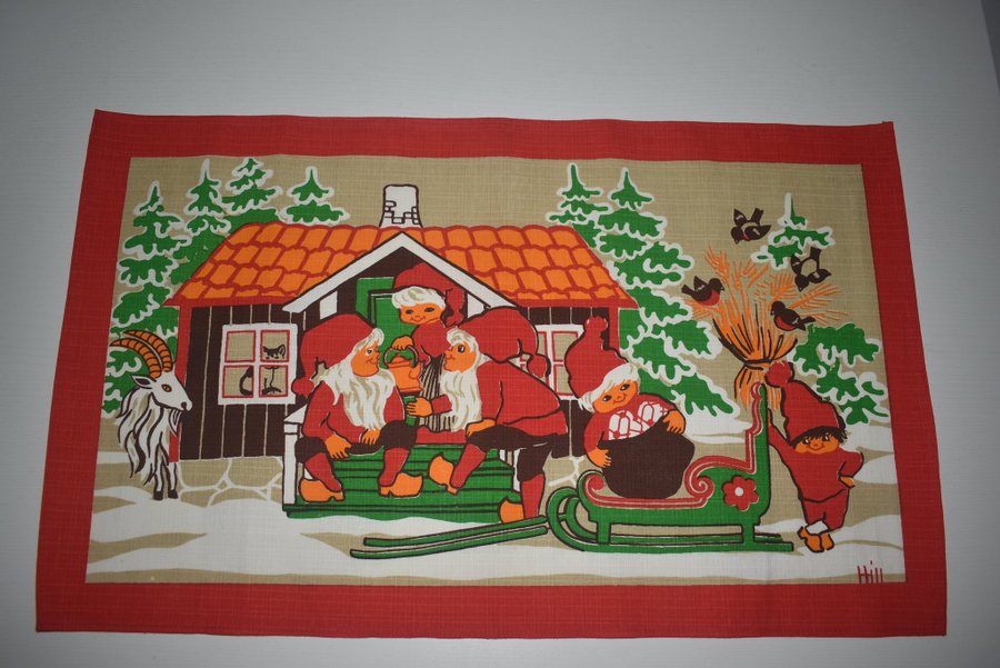 Julbonad design Hill tomtar å julklappar, bonad, retro vintage, 1970-talet.