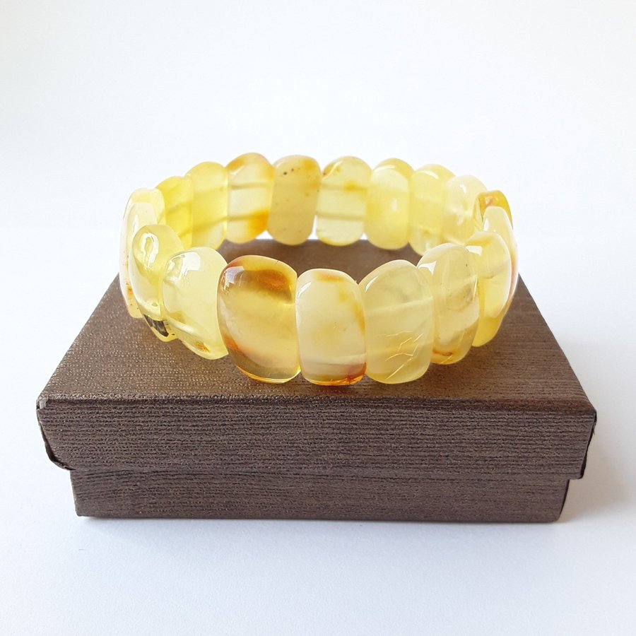 Yellow Baltic amber gemstone bracelet Classic wide stretchy flat bead bracelet