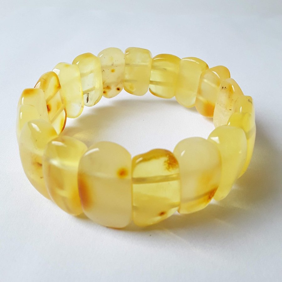 Yellow Baltic amber gemstone bracelet Classic wide stretchy flat bead bracelet