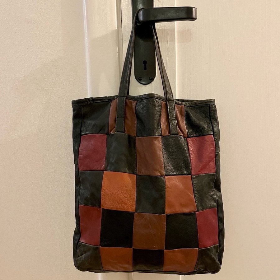 Vintage Skinn Väska / Läder Tote Läderkasse Naturskinn 70-tal / Patchwork