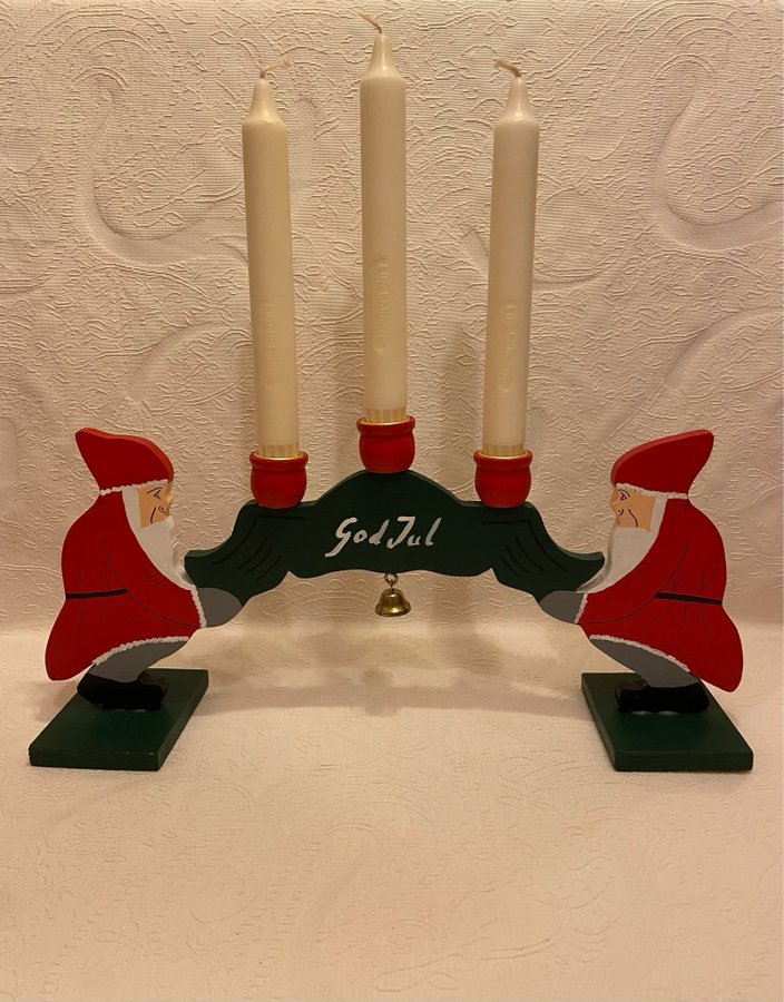 Vintage Ljusstake Trä m. Tomtar God Jul Adventsljusstake