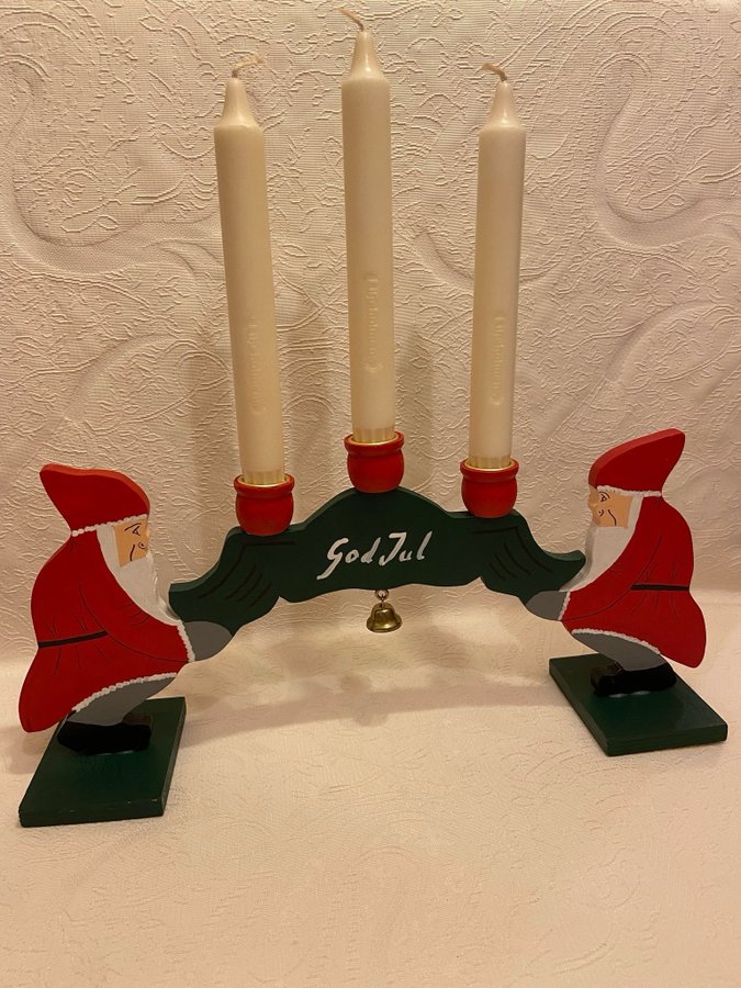 Vintage Ljusstake Trä m. Tomtar God Jul Adventsljusstake