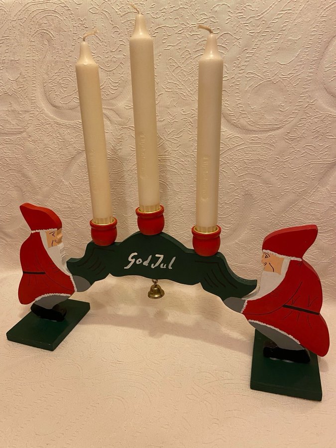 Vintage Ljusstake Trä m. Tomtar God Jul Adventsljusstake