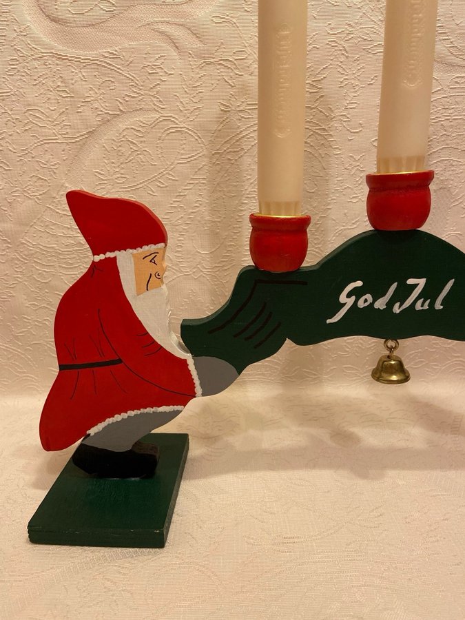 Vintage Ljusstake Trä m. Tomtar God Jul Adventsljusstake