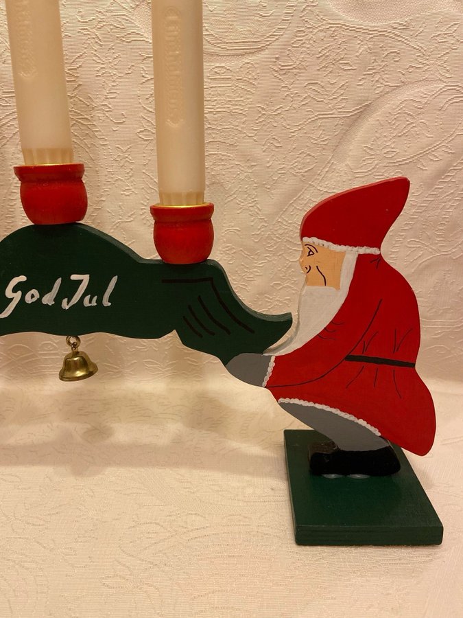 Vintage Ljusstake Trä m. Tomtar God Jul Adventsljusstake