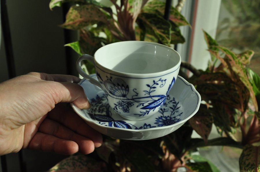 Vintage Form Marienbad Ingres weiß, Untertasse Indisch Blau,kaffekoppar 6 st.