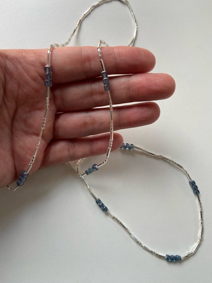 Silver/Blue lines and cubics beaded long necklace