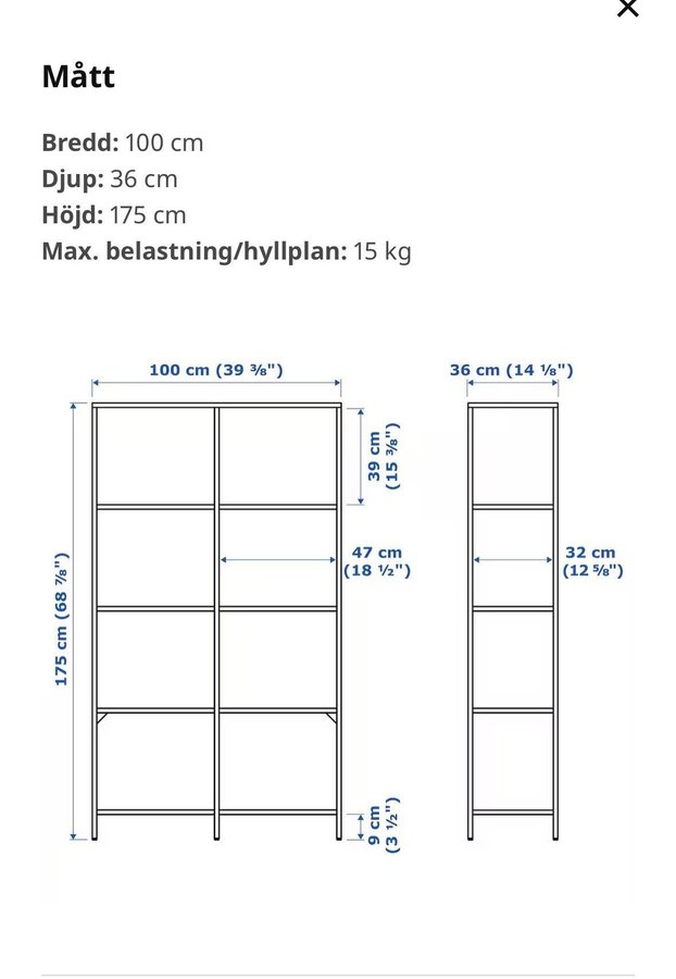 Hylla i svart/brun med glashyllor