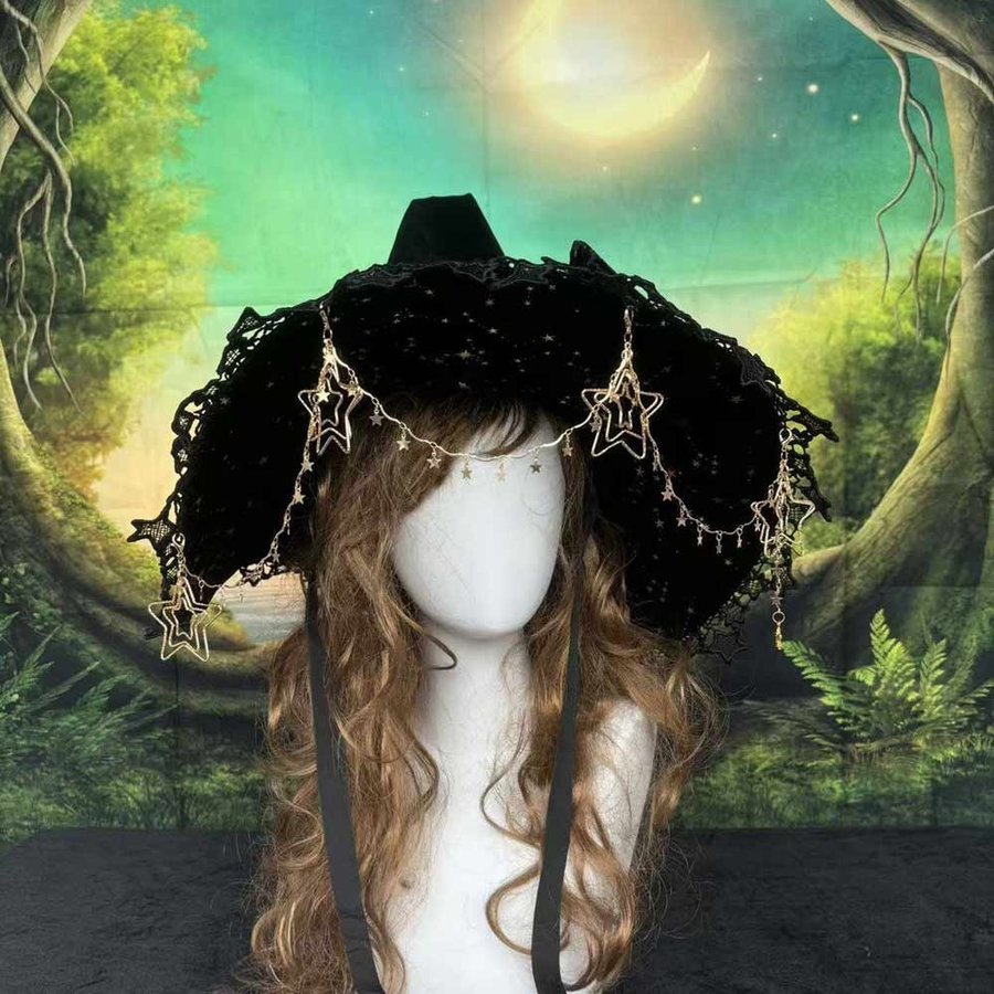 Handmade Gothic Witch Hat With Chain and Veil, Black Lolita Witches Hat