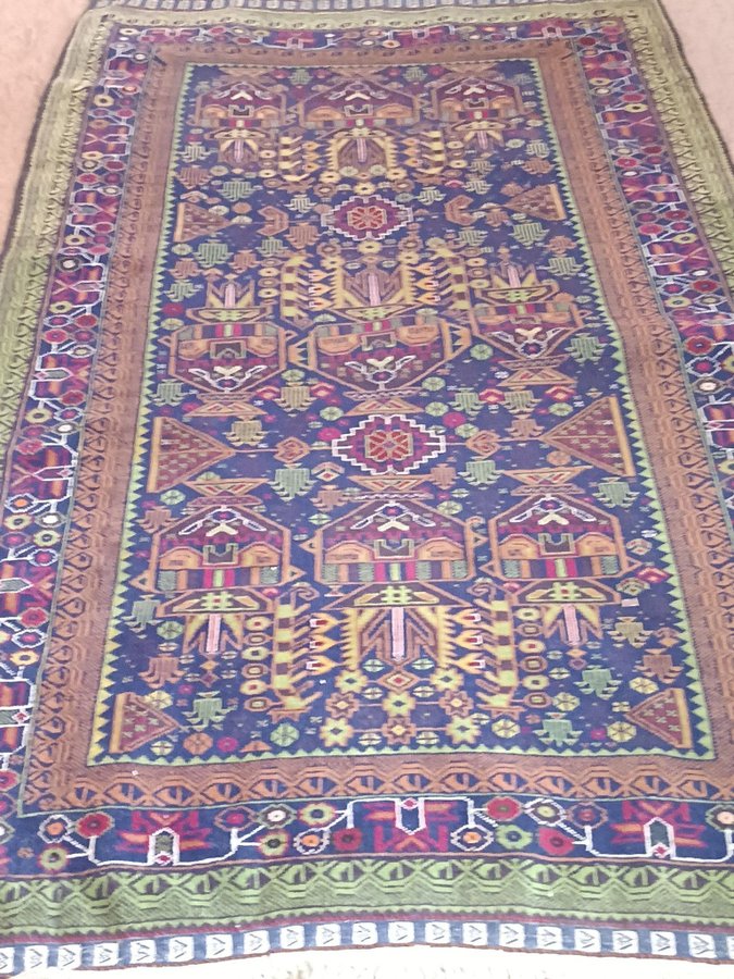 Handgjord orientalisk matta i gröna toner 213x108 cm