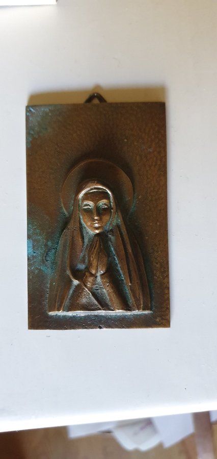 Sällsynt Madonna Ystad Brons 30-tal -- 40-tal, Vintage Gammal Väggtavla 8x5 cm