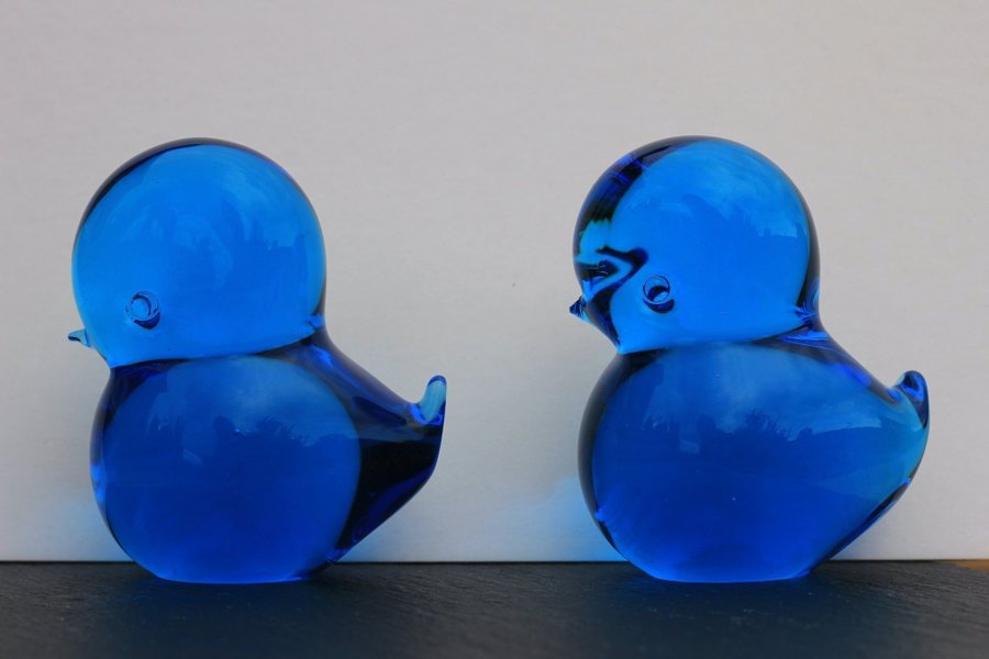 2 st blå fågel, konstglas Ronneby glasbruk Marcolin, Swedish blue art glass bird