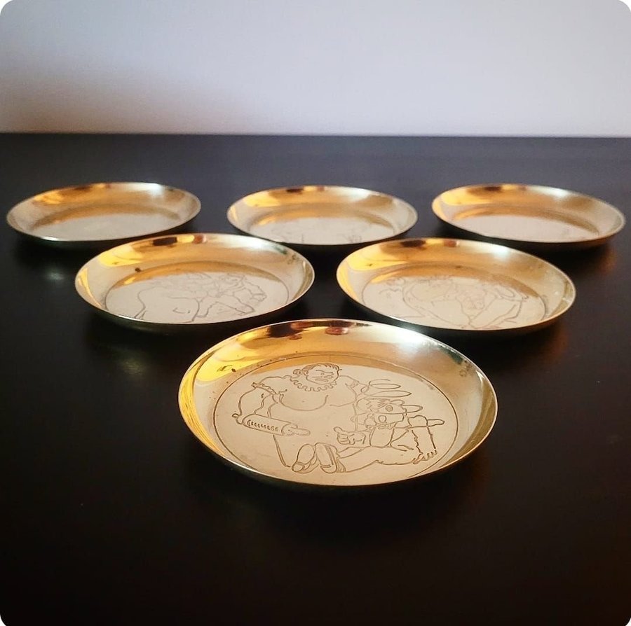 6st Art Deco Coasters i Mässing - Swedish Grace - Fyllgubbar - Retro Underlägg