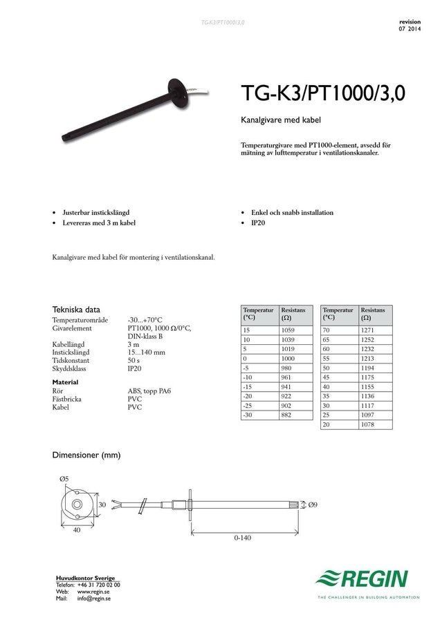 5st REGIN Kanalsensor TG-K3/PT1000 4,0