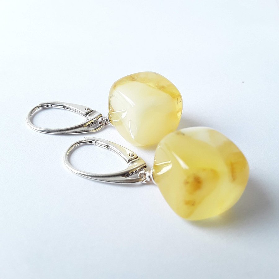 Baltic amber gemstone cube and 925 sterling silver dangle earrings lever back