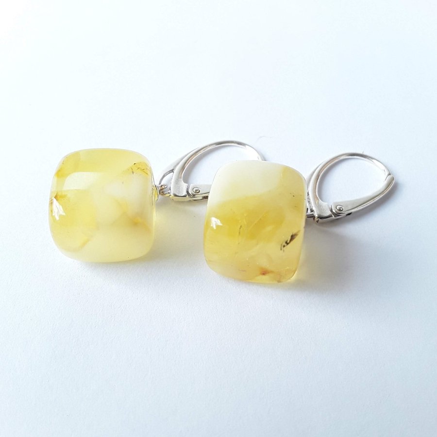 Baltic amber gemstone cube and 925 sterling silver dangle earrings lever back